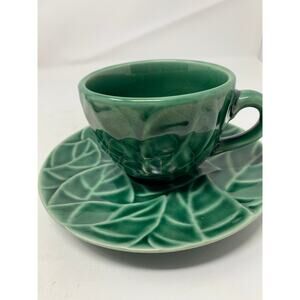 Pier 1 Imports Cup/Saucer "Jade Leaves" Stoneware Green Stoneware Retired Brand